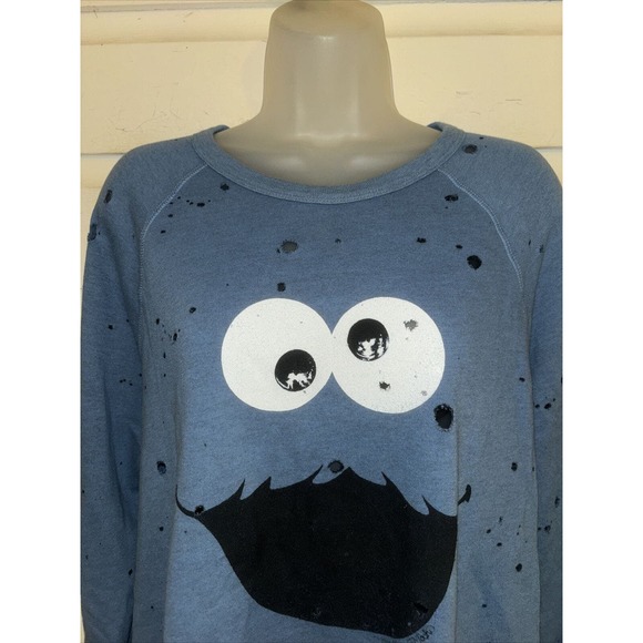 Lauren Moshi Cotton Blend Cookie Monster Distressed Pullover Sweatshirt Size M - Picture 2 of 10
